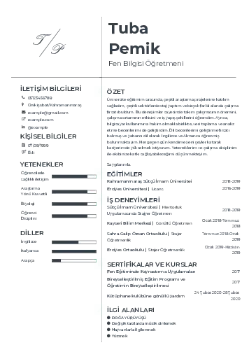 Fen Bilgisi Öğretmeni CV Örnekleri cv indir